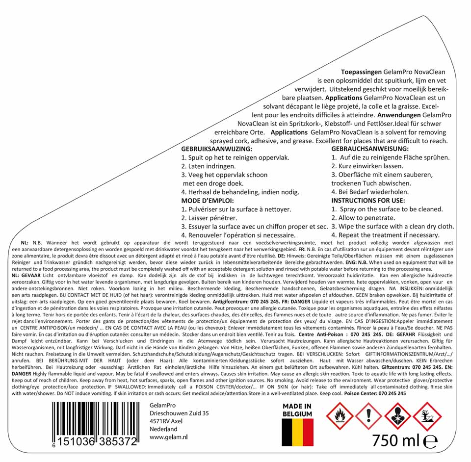 GelamPro NovaClean – Verwijdert Spuitkurk, Lijm & Vet – 750ml